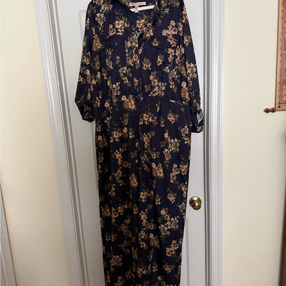 Hutch Anthropologie Navy and Gold Floral Jumpsuit